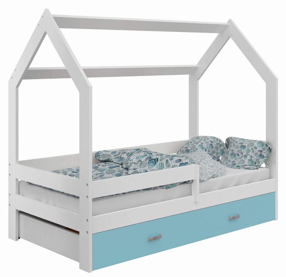eoshop Detská posteľ Domček 80x160 cm D3, rošt ZADARMO - biela, zábrana: biela, úlož. jednoducho: modrá, matracu: bez matraca